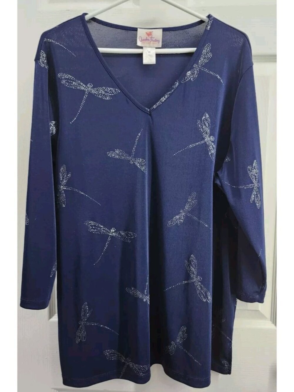 Quacker Factory Womens Navy with Silver Sequined Dragonfly Tunic XL